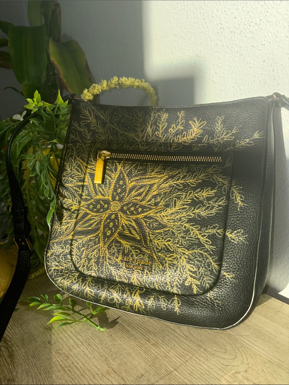 Upcycled kate spade Black Leather Crossbody with Gold Floral Motif